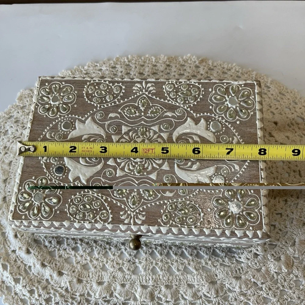 Handcrafted Indian Mango Wood Keepsake Box Ornate Painted Storage Chest Boho